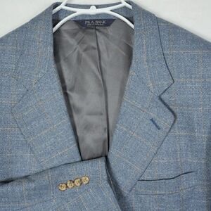 JOS A BANK Mens Blazer Blue Plaid Wool Silk Linen Executive Windowpane Size 43R